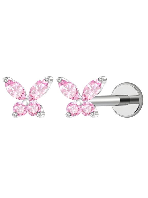 Small Butterfly CZ Solitaire Flat Back Stud Earrings Titanium Body Piercings by Ginger Lyne 2 Sets Post 6mm 8mm