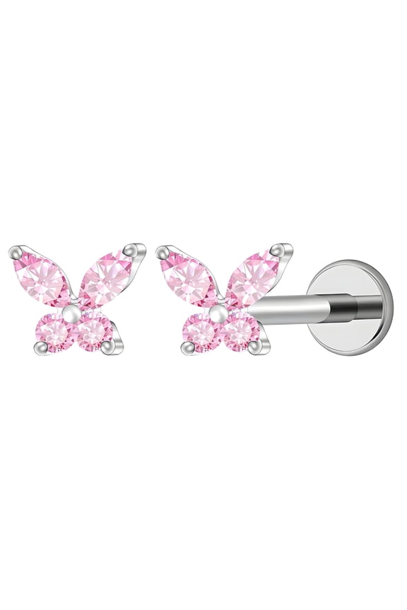 Small Butterfly CZ Solitaire Flat Back Stud Earrings Titanium Body Piercings by Ginger Lyne 2 Sets Post 6mm 8mm