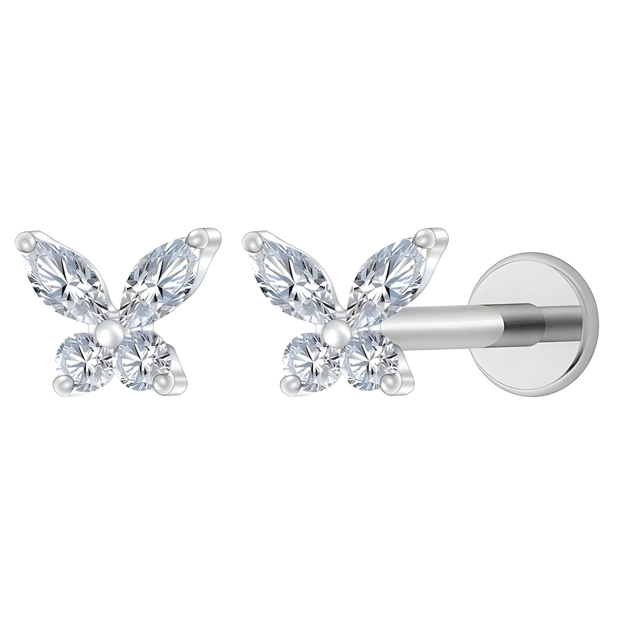 Small Butterfly CZ Solitaire Flat Back Stud Earrings Titanium Body Piercings by Ginger Lyne 2 Sets Post 6mm 8mm