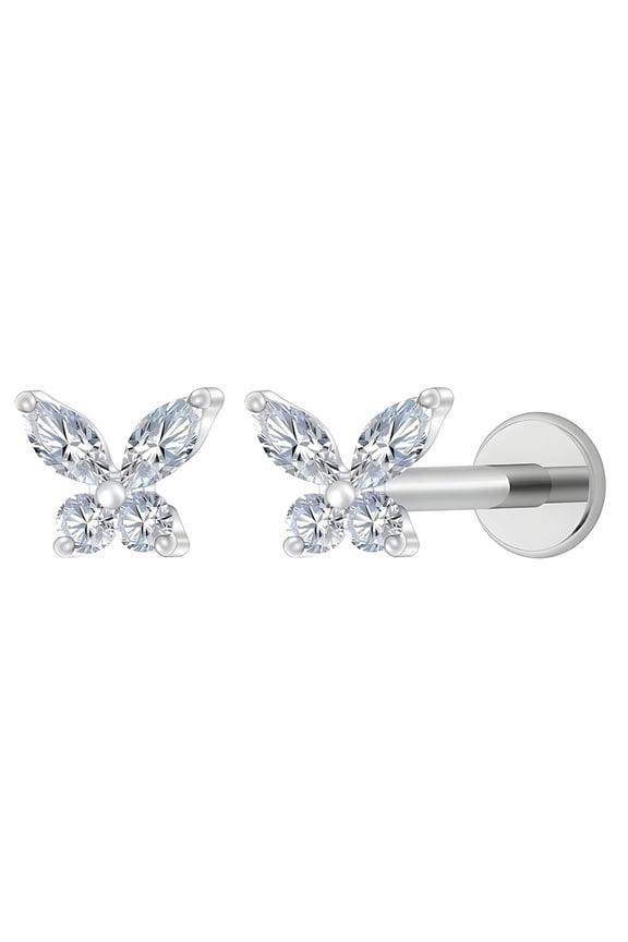 Small Butterfly CZ Solitaire Flat Back Stud Earrings Body Piercings by Ginger Lyne 2 Sets Post 6mm 8mm Included