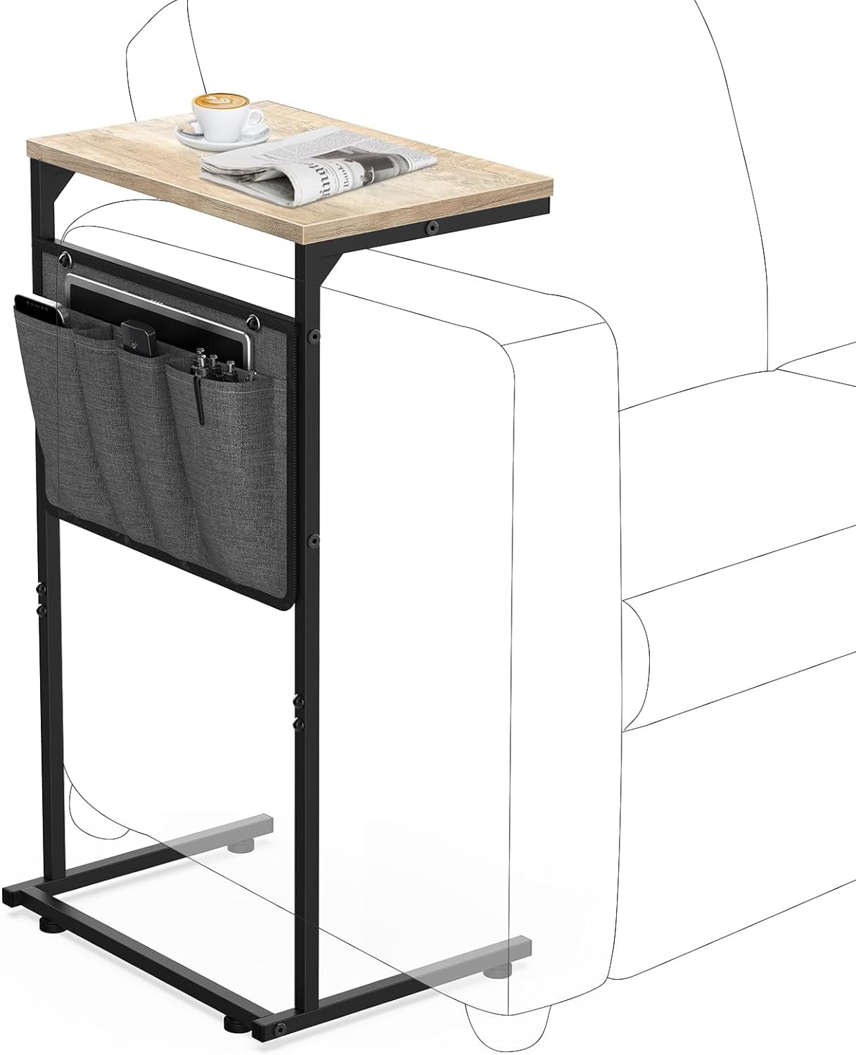 Deep Gray Metal C-Shaped End Table with Storage Bag