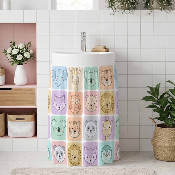 Small Cabinet Curtain 10''W x 11''L, Cartoon Animals Under Sink Cover Drapes, Modern Cute Elephant Lion Koala Fox Self Adhesive Cabinet Skirt for Kitchen/Bathroom Vanity/Laundry Room/Open Shelf