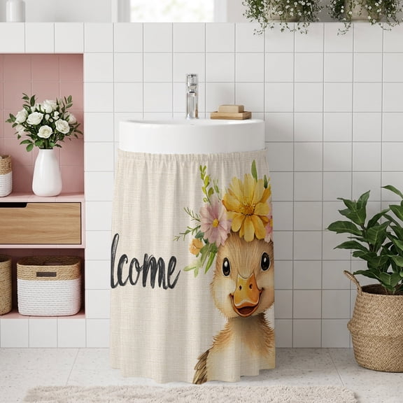 Small Cabinet Curtain 10''W x 11''L, Duck Flower Under Sink Cover Drapes, Spring Cute Idyllic Animal Garland Floral Self Adhesive Cabinet Skirt for Kitchen/Bathroom Vanity/Laundry Room/Open Shelf
