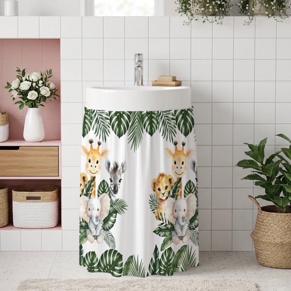 Small Cabinet Curtain 10''W x 11''L, Elephant Giraffe Lion Under Sink Cover Drapes, Eucalyptus Leaves Cute Animals Self Adhesive Cabinet Skirt for Kitchen/Bathroom Vanity/Laundry Room/Open Shelf
