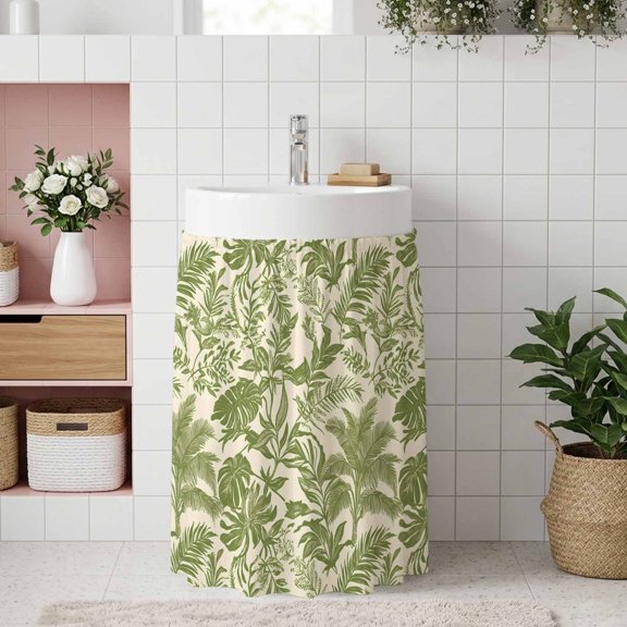 Small Cabinet Curtain 10''W x 11''L, Green Palm Leaf Under Sink Cover Drapes, Watercolor Summer Leaves Self Adhesive Cabinet Skirt for Kitchen/Bathroom Vanity/Laundry Room/Open Shelf