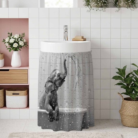Small Cabinet Curtain 10''W x 11''L, Grey Elephant Under Sink Cover Drapes, Modern Art Bathtub Self Adhesive Cabinet Skirt for Kitchen/Bathroom Vanity/Laundry Room/Open Shelf