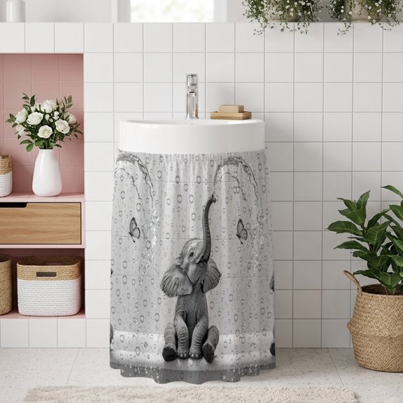 Small Cabinet Curtain 10''W x 11''L, Modern Elephant Under Sink Cover Drapes, Grey Modern Art Bathtub Self Adhesive Cabinet Skirt for Kitchen/Bathroom Vanity/Laundry Room/Open Shelf