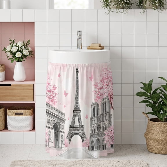 Small Cabinet Curtain 10''W x 11''L, Paris Eiffel Tower Under Sink Cover Drapes, Pink Cherry Blossom Romantic Flowers Self Adhesive Cabinet Skirt for Kitchen/Bathroom Vanity/Laundry Room/Open Shelf