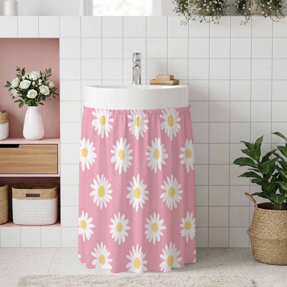 Small Cabinet Curtain 11''W x 13''L, White Pink Daisy Under Sink Cover Drapes, Spring Summer Floral Botanical Self Adhesive Cabinet Skirt for Kitchen/Bathroom Vanity/Laundry Room/Open Shelf
