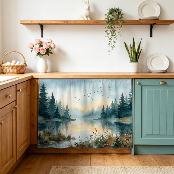 Small Cabinet Curtains for Kitchen Under Sink Skirt for Bathroom Nature Forest Dishwasher Curtain Cover Watercolor Pine Trees Lake Landscape Desk Curtain Skirt Privacy Drape for Classroom 10"x11"