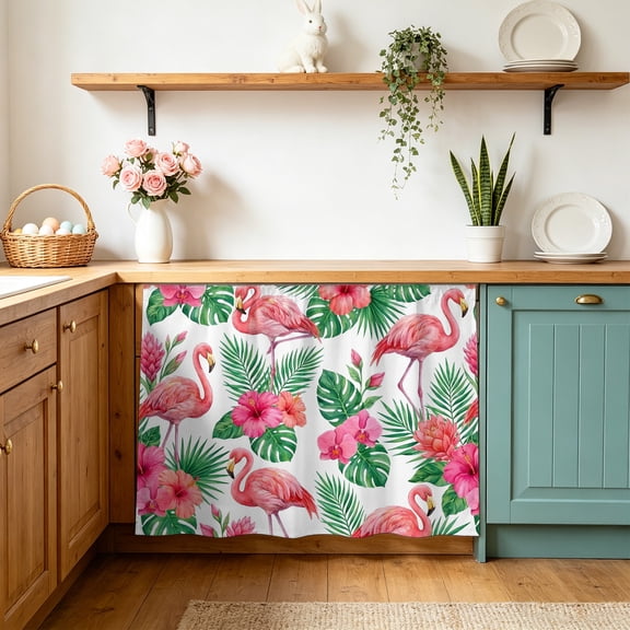 Small Cabinet Curtains for Kitchen Under Sink Skirt for Bathroom Pink Flamingo Dishwasher Curtain Cover Summer Tropical Palm Leaves Floral Desk Curtain Skirt Privacy Drape for Classroom 10"x11"