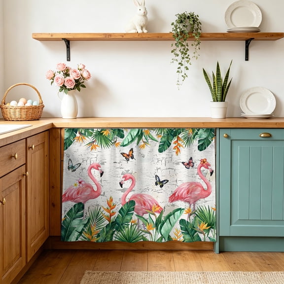 Small Cabinet Curtains for Kitchen Under Sink Skirt for Bathroom Pink Flamingo Dishwasher Curtain Cover Summer Tropical Palm Leaves Retro Wooden Desk Curtain Skirt Privacy Drape for Classroom 10"x11"