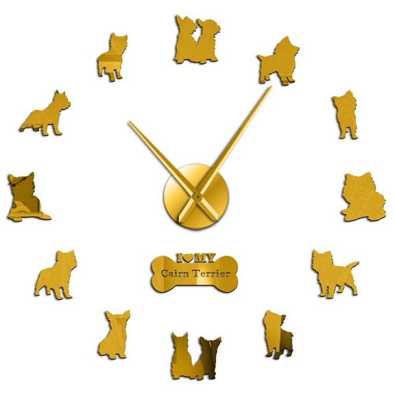 Small Cairn Terrier Dog Modern Mirror Effect Surface DIY Wall Clock Animal Puppy Pets Purebred Dog Silhouette Wall Art Stickers(Gold,27inch)