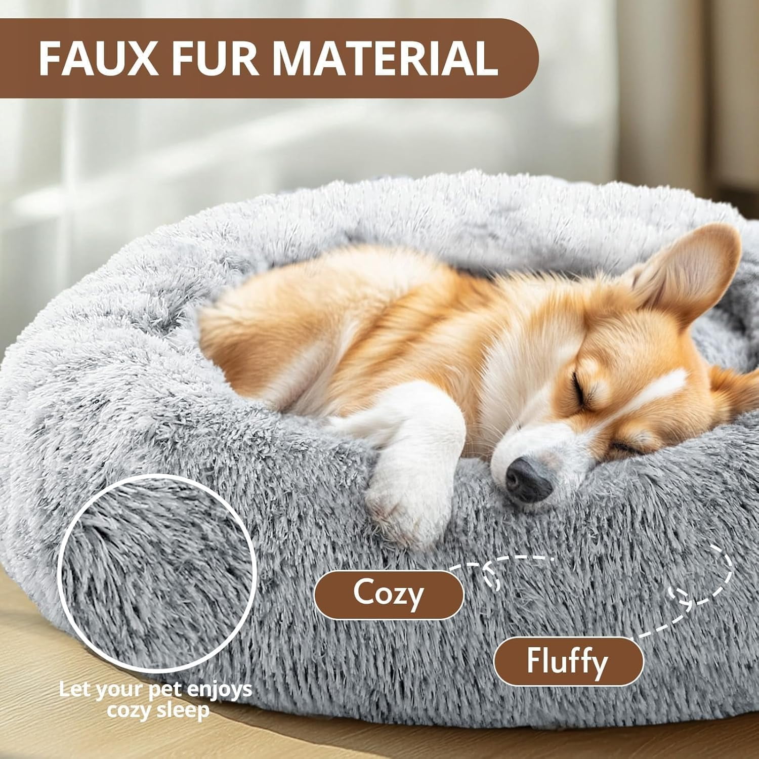 Small Calming Dog Bed, Anti-Anxiety Donut Cuddler Cat Bed with Anti-Slip Bottom, Fluffy Faux Fur Machine Washable Pet Cushion for Small Medium Dog & Cat, 20"