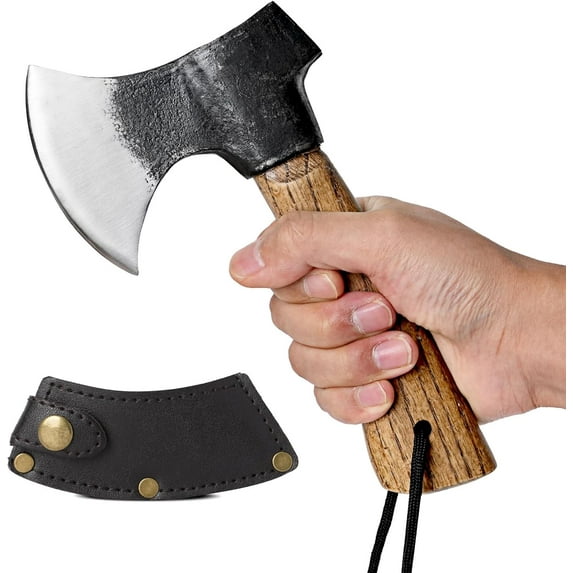 Small Camping Axe with Leather Sheath, 8.46" Backpacking Hatchet Wooden Handle, Splitting for Jungle, Gardening, Hunting, Survival