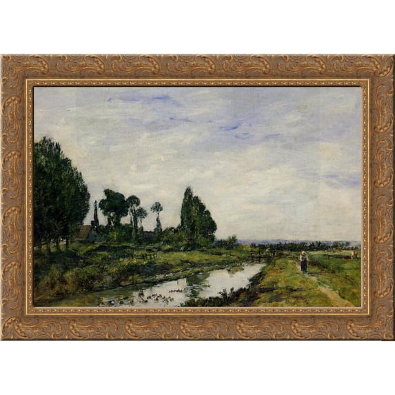 Small Canal at Quilleboeuf 24x18 Gold Ornate Wood Framed Canvas Art by Eugene Boudin