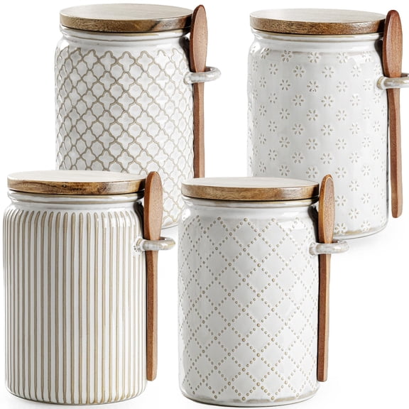Small Canisters Sets for the Kitchen, 20 oz Sugar Coffee Tea Storage Containers, Ceramic Kitchen Canisters for Countertop Set of 4 with Airtight Lids and Teaspoons