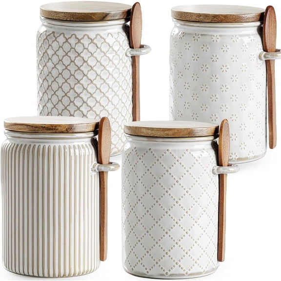 Small Canisters Sets for the Kitchen, 18 oz Sugar Coffee Tea Storage Containers, Ceramic Kitchen Canisters for Countertop Set of 4 with Airtight Lids and Teaspoons