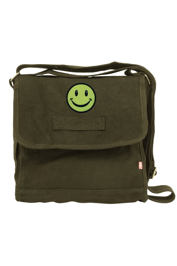 Small Canvas Field Shoulder Bag - Durable Timeless Messenger with Design, Olive Smile