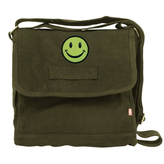 Small Canvas Field Shoulder Bag - Durable Timeless Messenger with Design, Olive Smile