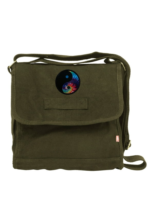 Small Canvas Field Shoulder Bag - Durable Timeless Messenger with Design, Olive Ying Yang