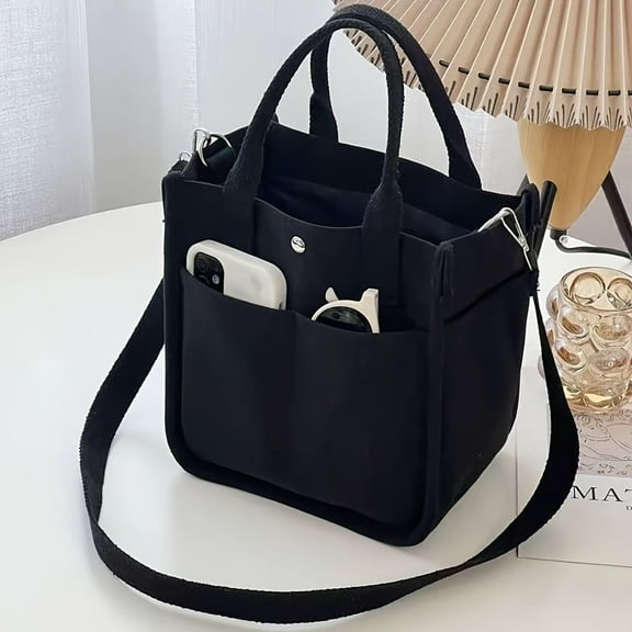 Small Canvas Tote Bag with Pockets Crossbody Bags for Women Cute Shoulder Purse Handbags Lunch Bag for Office Work - Black