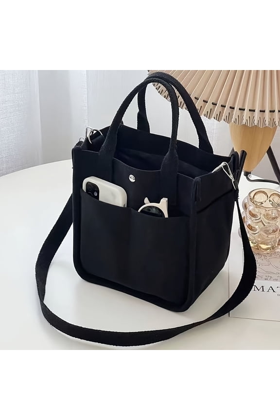 Small Canvas Tote Bag with Pockets Crossbody Bags for Women Cute Shoulder Purse Handbags Lunch Bag for Office Work - Black