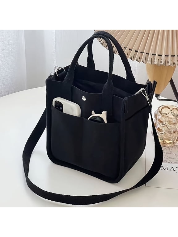 Small Canvas Tote Bag with Pockets Crossbody Bags for Women Cute Shoulder Purse Handbags Lunch Bag for Office Work - Black