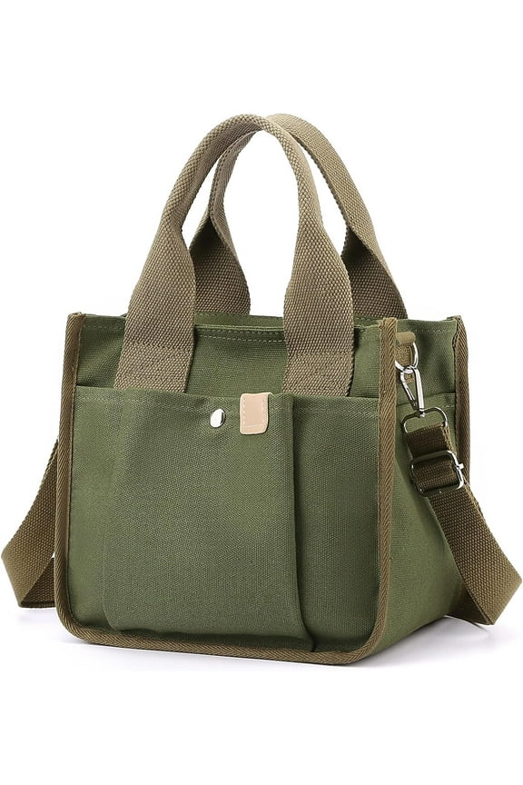 Small Canvas Tote Bag with Pockets for Women, Cute Mini Crossbody Shoulder Bags, Casual Satchel Purse Hobo Messenger Handbag