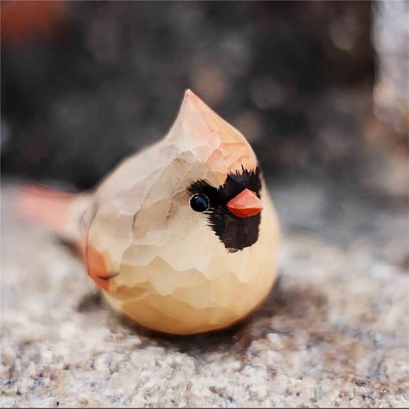 Small Carved Wooden Northern Cardinal Figurines, Handmade Female Cardinal Sculpture Craft Set, 3.9" L Cute Red Bird Statues Home Decor Art Carving Work