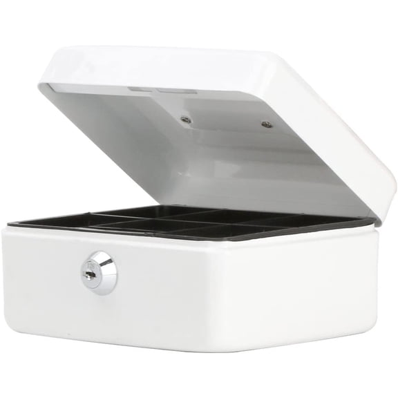 Small Cash Box with Key Lock, Double Layer Metal Money Box for Home Security, Portable Locking Box, 5.9" x 4.7" x 3.2", White