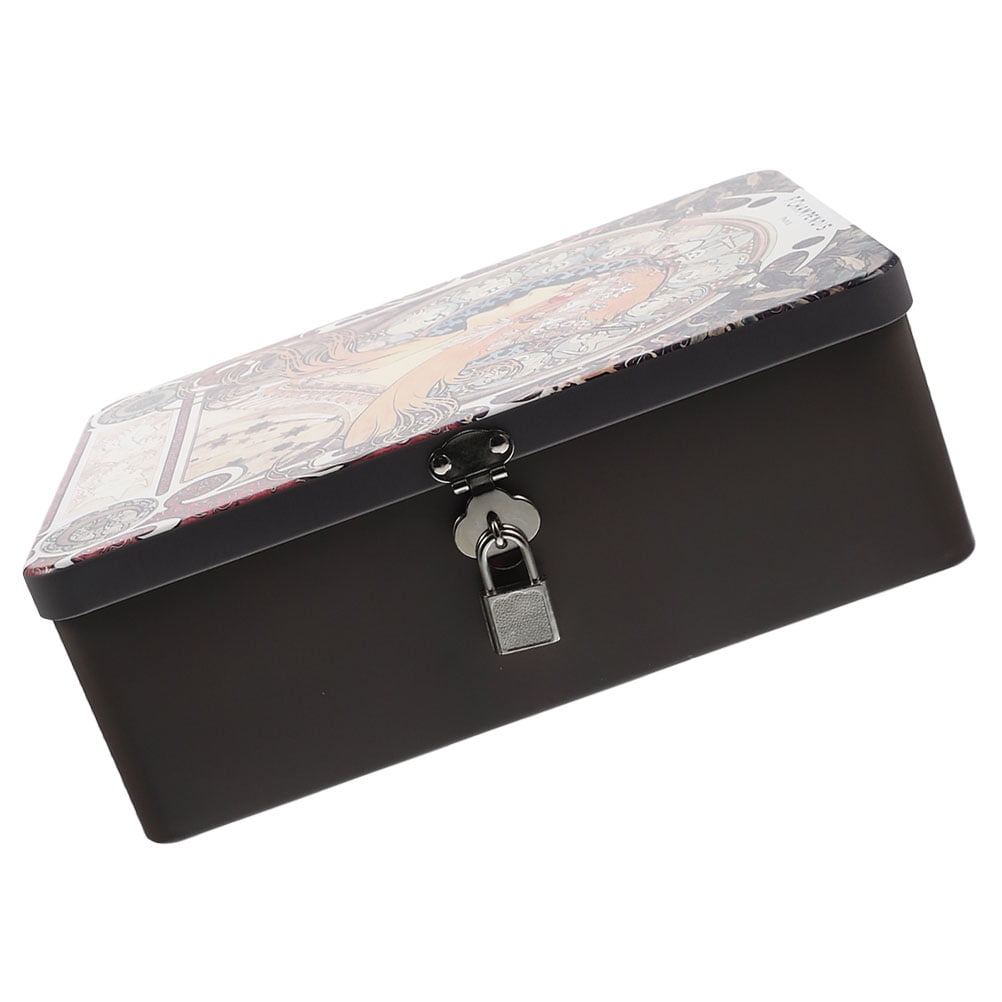 Small Cash Holder Tin with Lock Decorative Tinplate Storage Box