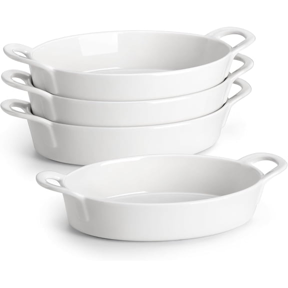 Small Casserole Baking Dishes for Oven, Ceramic Oval Dish Sets of 4, 8" x 5" Inch Au Gratin Pans with Handles Roasting, Lasagna, Pie, Meat & Vetables, White