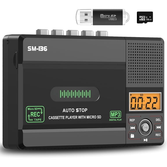 Small Cassette Tape Player, USB C or SD Card Audio Cassette to MP3 Digital Converter, Record to Cassette/Computer/SD Card via Mic, Loud Speaker, Headphone Jack, 16GB SD Card for Type I Tapes