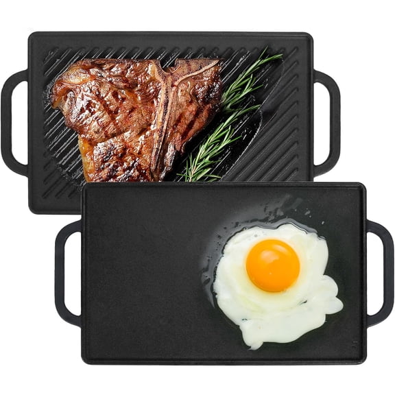 Small Cast Iron Griddle 13x8.25 for Double Burner Stove Top, Double Sided Reversible Cooking Pan for Gas Grill Top Outdoor Camping, Gas Stovetop Grill Flat Griddle Pan Cast Iron Kitchen Cooking
