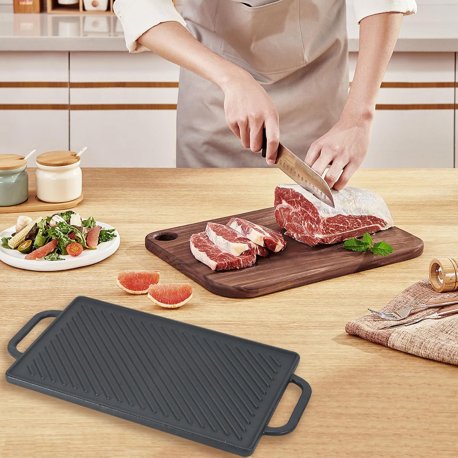 Small Cast Iron Griddle 13x8.25 for Double Burner Stove Top, Reversible Cooking Pan for Gas Grill, Camping & Outdoor Use