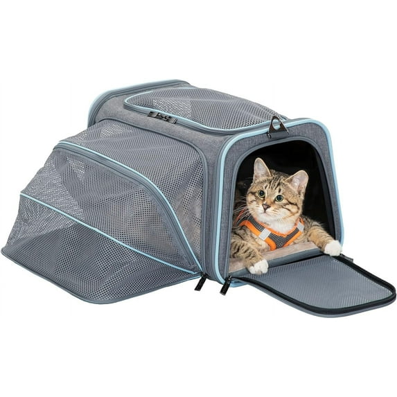 Small Cat Carrier Soft Airline Approved Expandable Carrier for Kitten Puppy Bunny, 16"X10"X9“ Light Gray