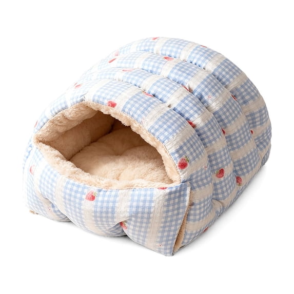 Small Cat Dog Cave Bed, Calming Pet Nest Warm Plush Covered Cat House with Hooded, Removable Hooded Blanket Cushion, Washable (Blue, Small)