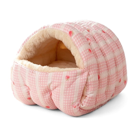 Small Cat Dog Cave Bed, Calming Pet Nest Warm Plush Covered Cat House with Hooded, Removable Hooded Blanket Cushion, Washable (Pink, Small)