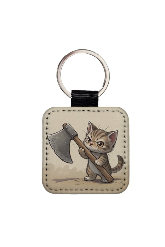 Small Cat Kitten Wielding a Large Axe Funny Fantasy Faux Leather Square Keychain