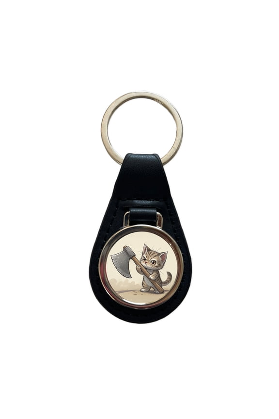Small Cat Kitten Wielding a Large Axe Funny Fantasy Metal Black Leather Keychain