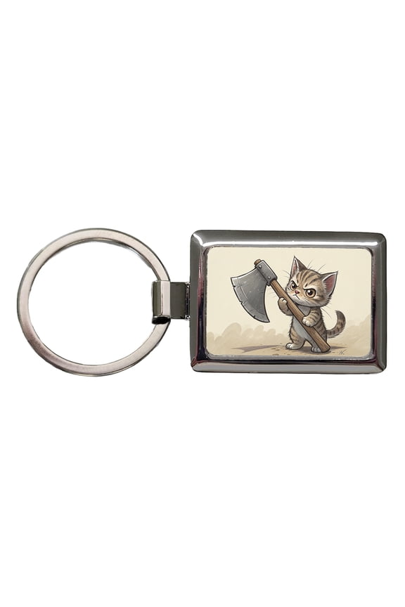 Small Cat Kitten Wielding a Large Axe Funny Fantasy Metal Rectangle Keychain