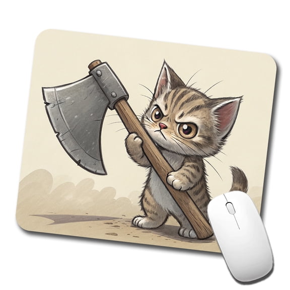 Small Cat Kitten Wielding a Large Axe Funny Fantasy Mouse Pad Low Profile Gaming Mat