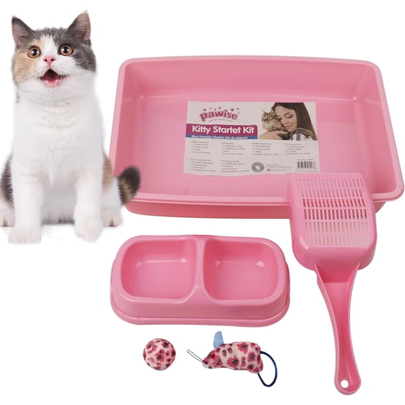 Small Cat Litter Box, Kitten Litter Box Starter Kit, Low Entry Baby Kitten Training Litter Box with Scoop, Bowls,Cat Mouse Toy and Cat Ball Toy,First Catty Owner Essentials(Pink)