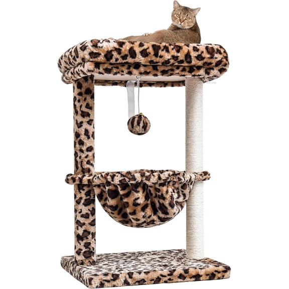 Small Cat Tree for Indoor Cats, Activity Cat Tower with Scratching Post for Kittens, Cat Furniture with Basket & Hanging Ball for Play Rest,Leopard Print