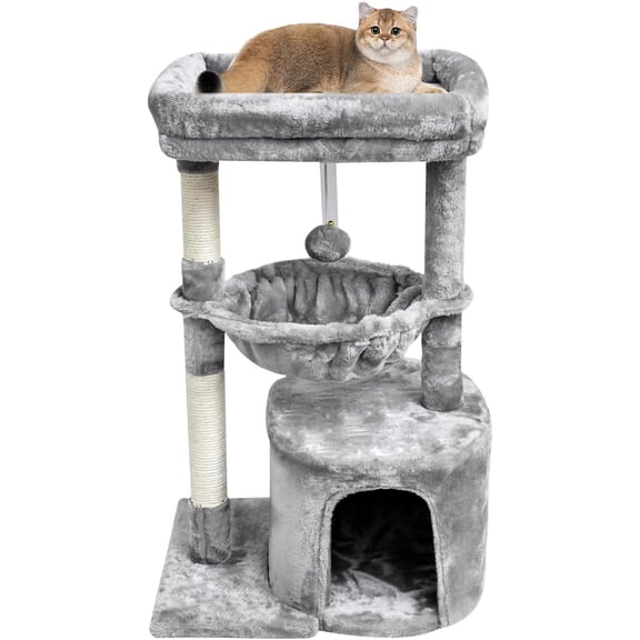 Small Cat Tree for Indoor Cats, Activity Cat Tower with Scratching Post for Kittens, Modern Cat Furniture with Basket & Hanging Ball for Play Rest, Grey
