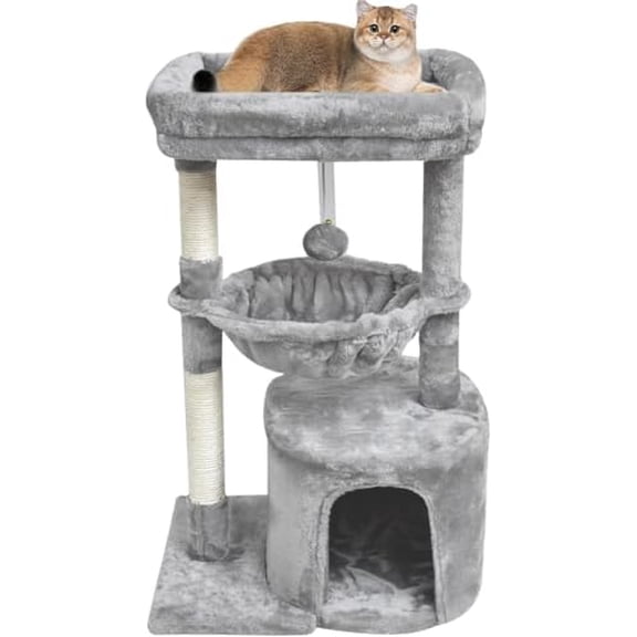 Small Cat Tree for Indoor Cats, Activity Cat Tower with Scratching Post for Kittens, Modern Cat Furniture with Basket & Hanging Ball for Play Rest, Grey