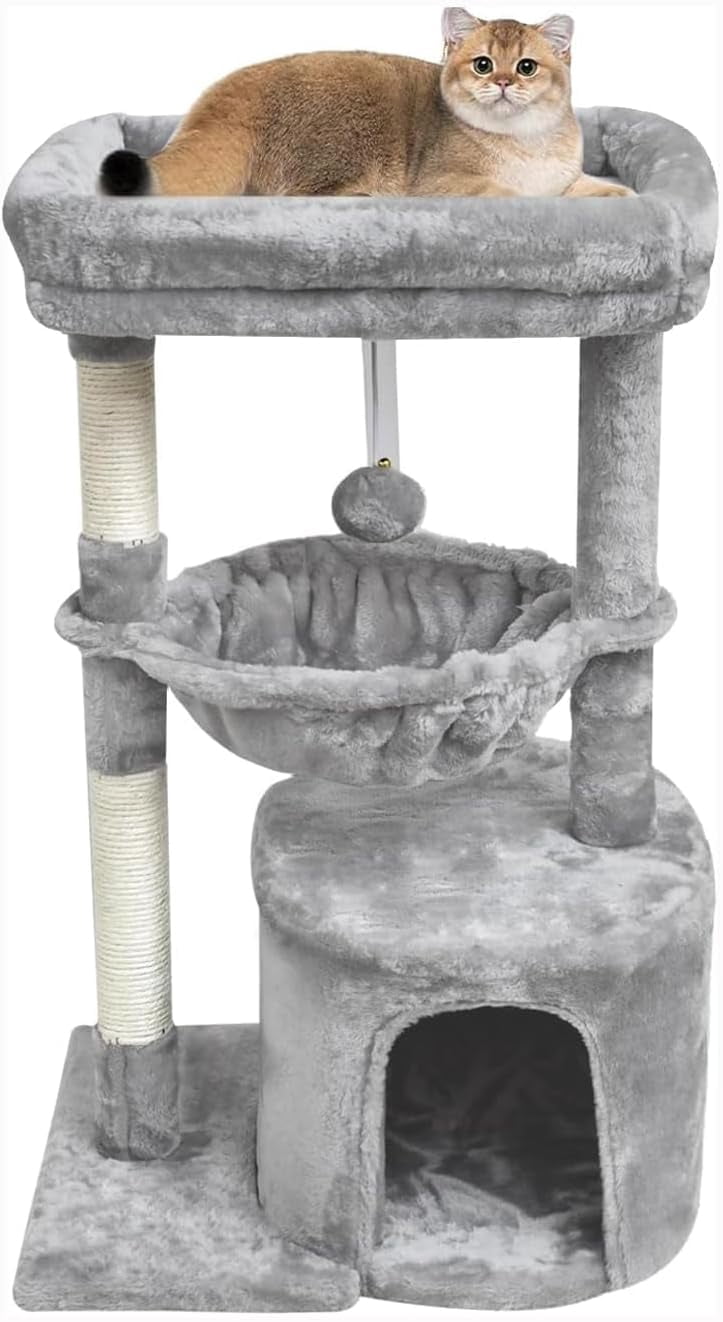 Small Cat Tree for Indoor Cats, Activity Cat Tower with Scratching Post for Kittens, Modern Cat Furniture with Basket & Hanging Ball for Play Rest, Grey