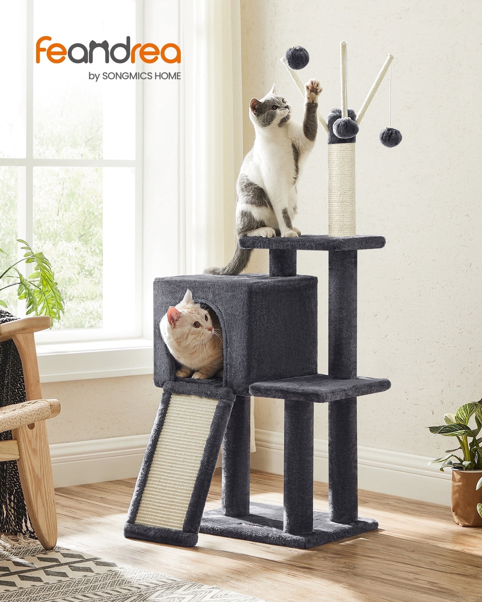 Feandrea Small Cat Tree, Multi-Level Plush Cat Condo for Indoor Cats and Kittens, 46.5 Inches, Smoky Gray
