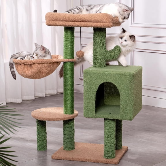 Small Cat Tree Tower with 32-Inch Scratching Post, Cozy Condo House, Hammock, Removable Top Bed, and Dangling Ball for Indoor Cats, 34 Inches in Green
